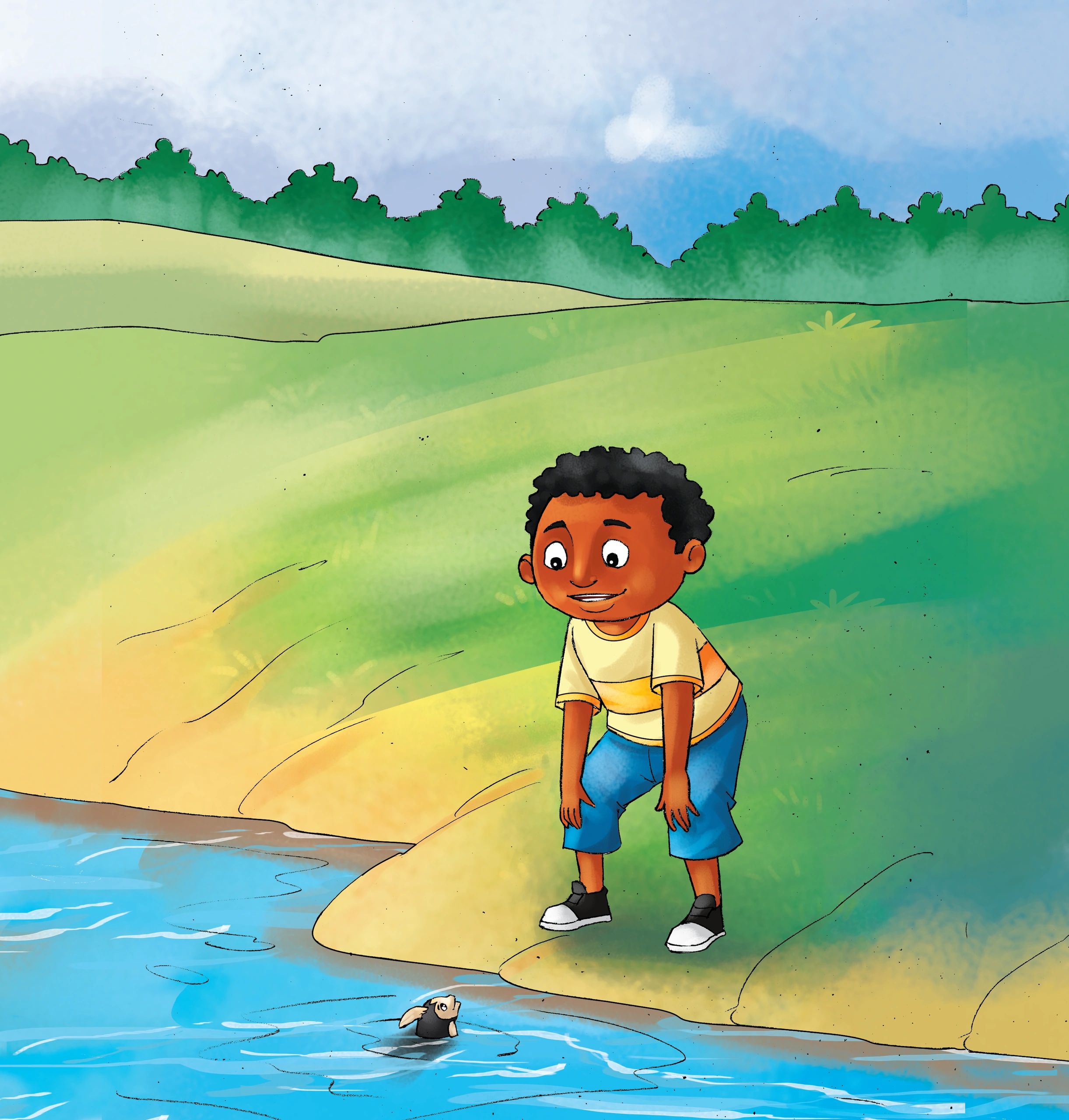 African-American boy searching for his dad's golf ball