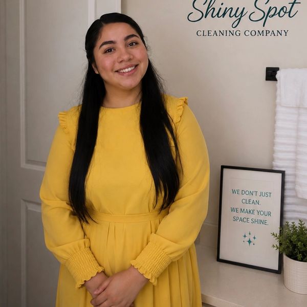 Smiling woman in a yellow dress at Shiny Spot Cleaning Company.
