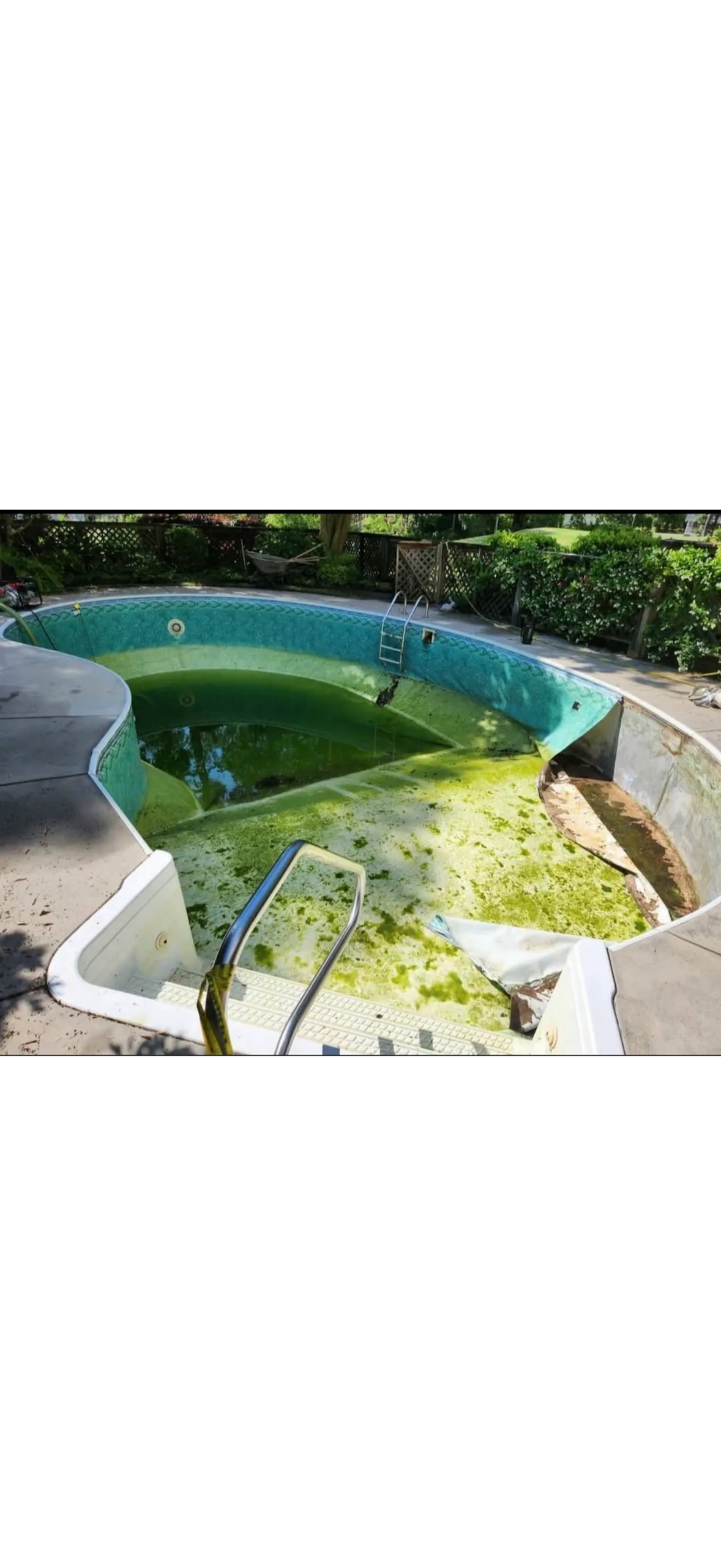 An empty, neglected swimming pool with algae and debris.