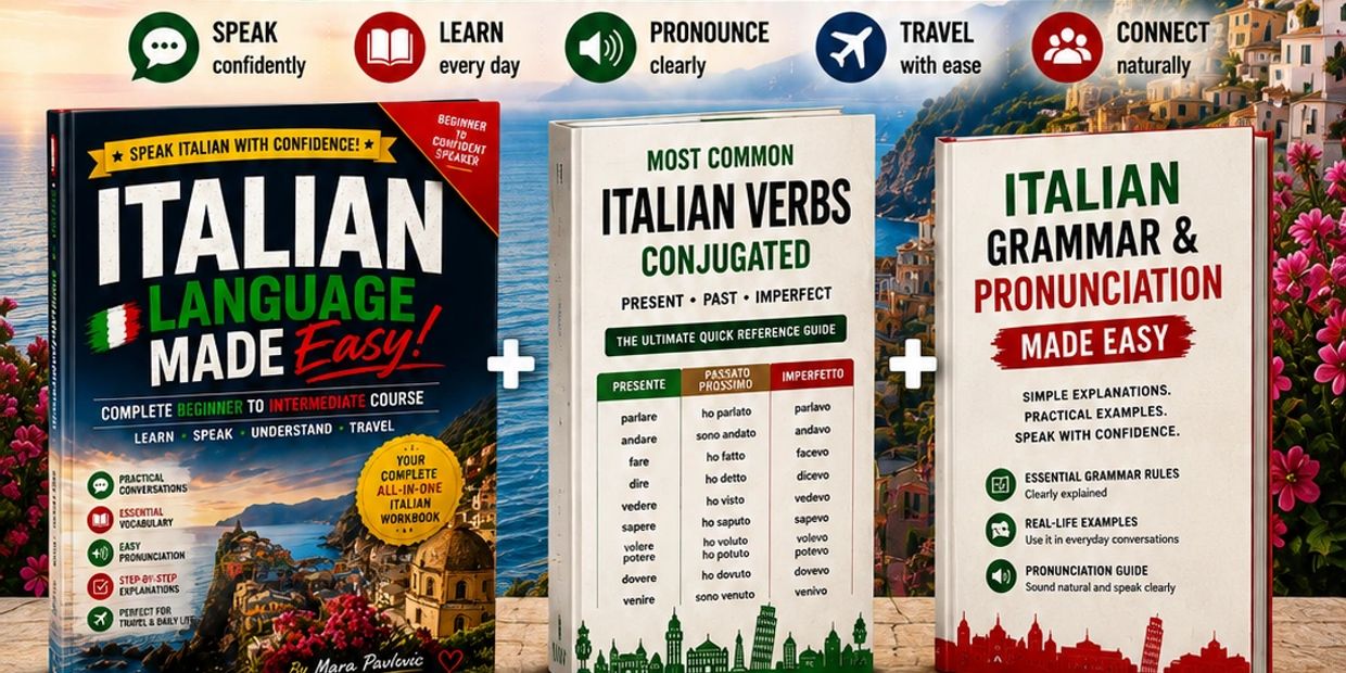 Three Italian language learning books with colorful covers.