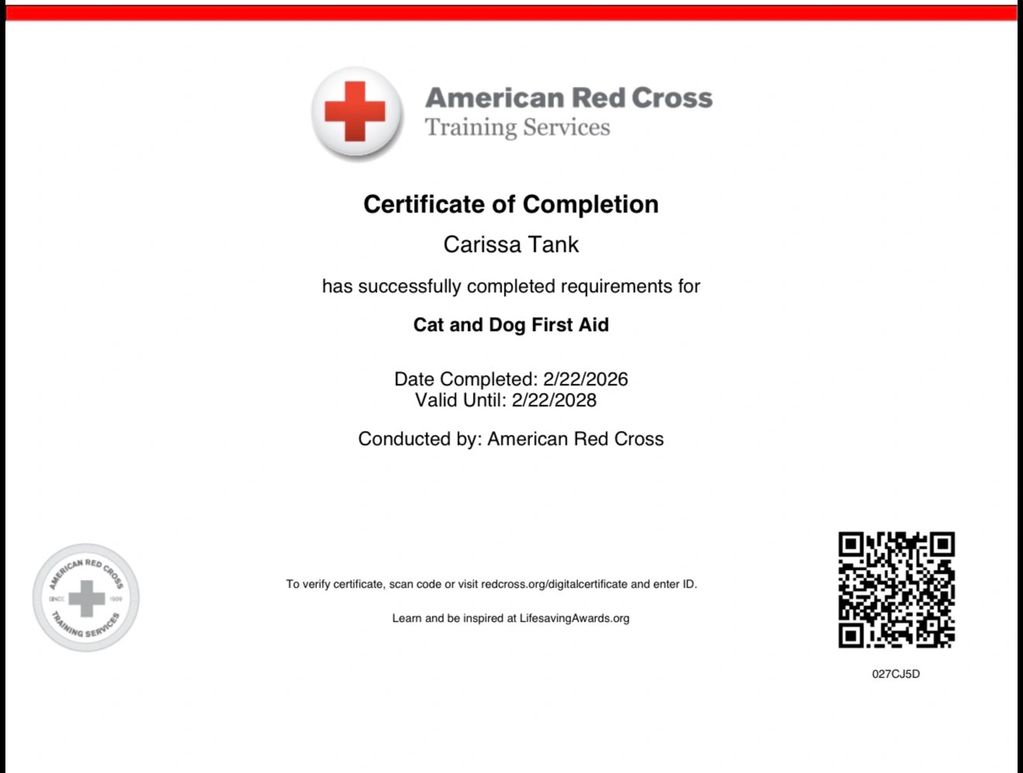 Certificate of Completion for Cat and Dog First Aid by American Red Cross.