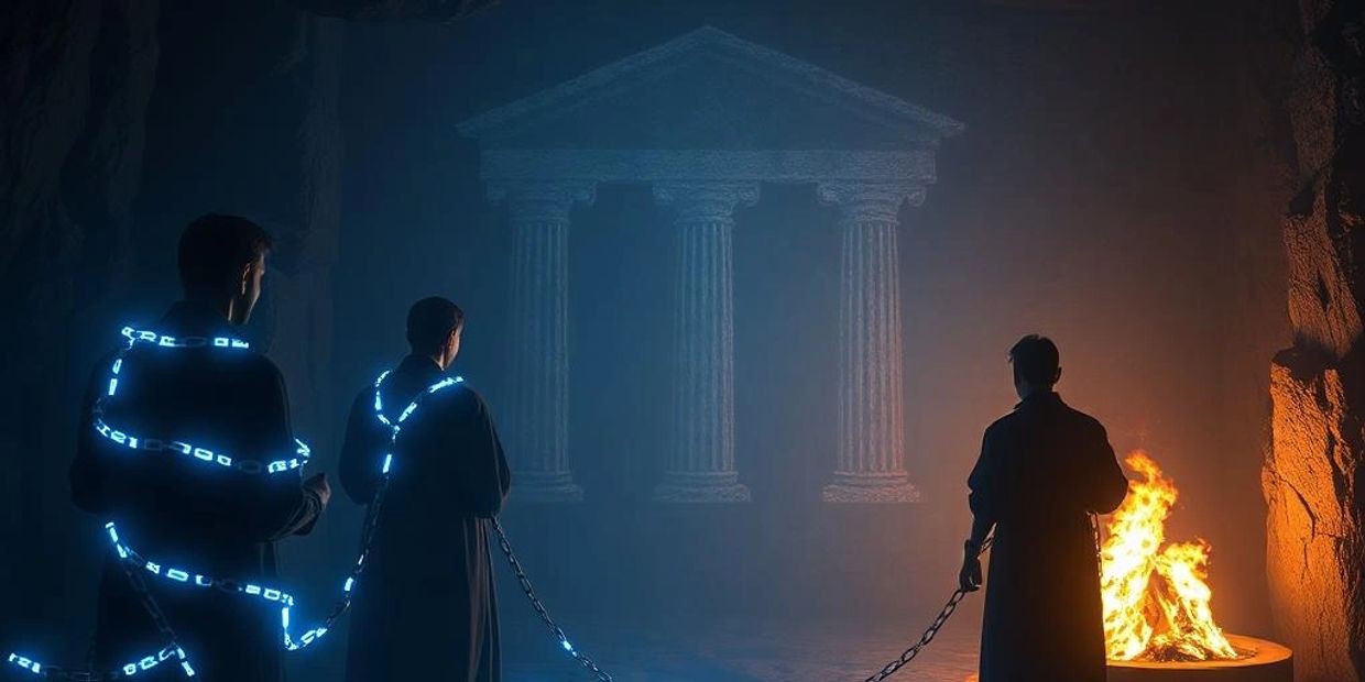 Three people chained and facing a glowing ancient temple with fire.