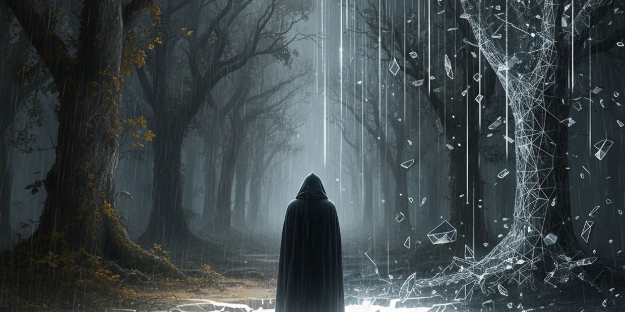 A cloaked figure stands in a dark, rainy forest with glowing geometric shapes.