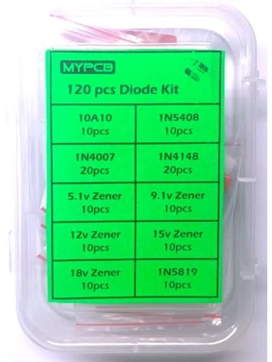 120 pcs 10 types Diodes kit 10A10 1N5408 1N4007 1N4148 Rectifier 5.1v to 18v Zeners 1N5819 Schottky 
