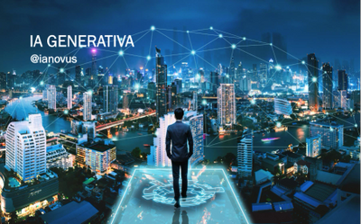 Man stands on digital platform overlooking a futuristic city with AI network connections.