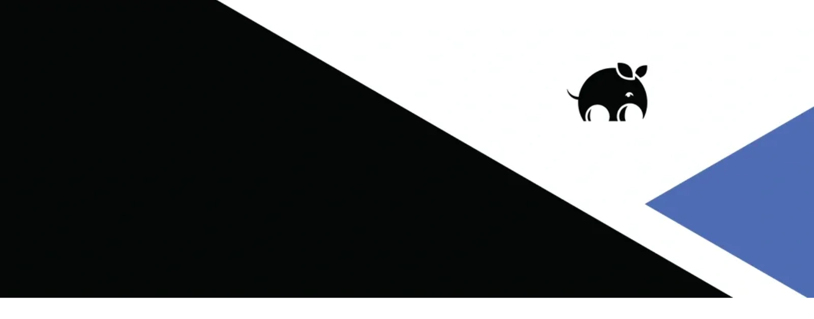 Minimalist design with a black elephant on a white and blue geometric background.