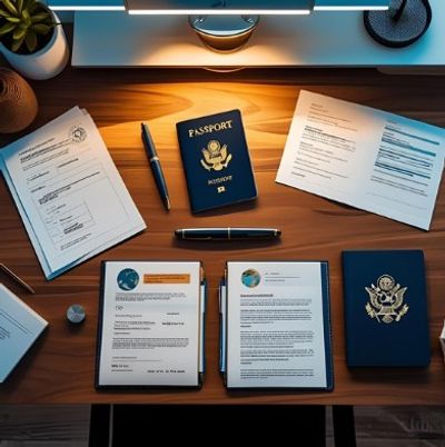 A desk with passports, documents, and pens under warm lighting.