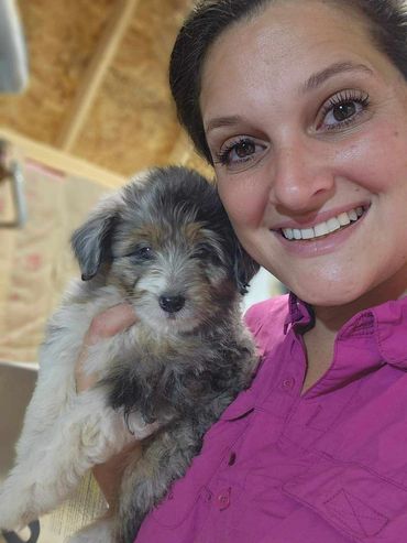 lady in purple shirt holding a merle puppy