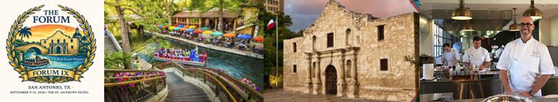 Collage of San Antonio highlights: The Forum logo, riverwalk boat, the Alamo, and chefs in a kitchen.
