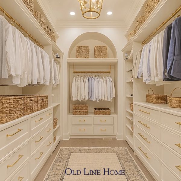 Custom walk in closet with tailored cabinetry, brass hardware, and classic architectural detailing.