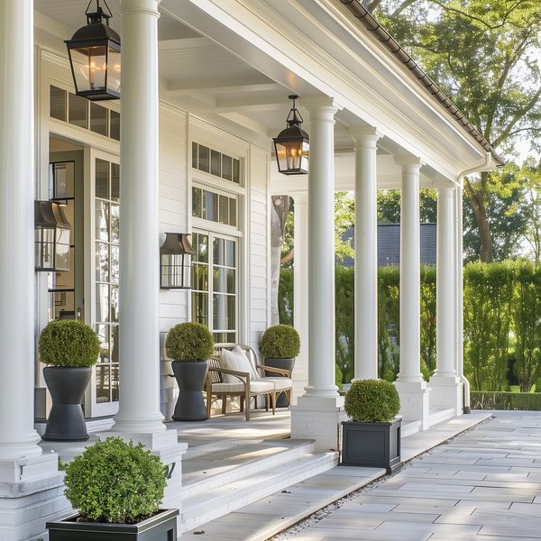 Traditional Front porch with lantern lighting and clipped boxwood planters at a historic Maryland ho