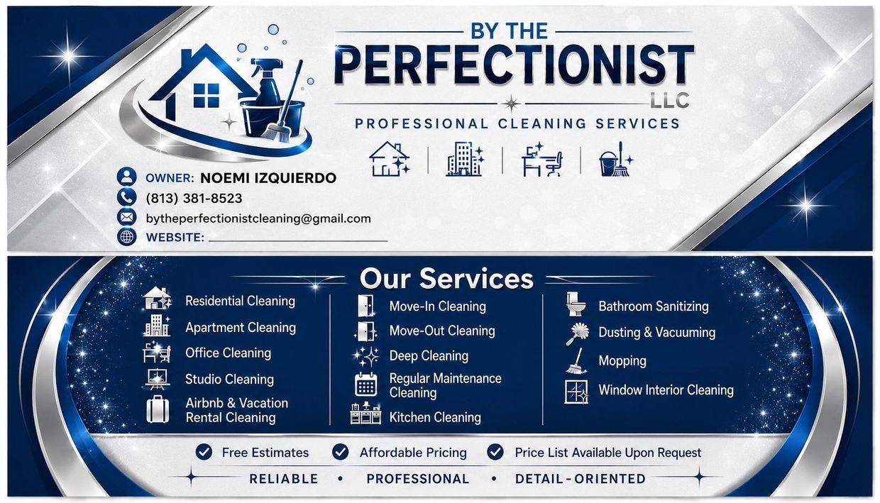 Business card for By The Perfectionist LLC cleaning services.