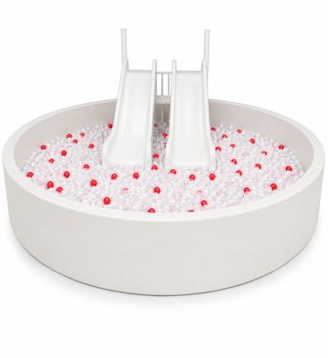 White ball pit with dual slides and red-dotted balls.