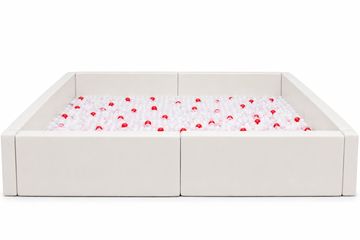 White square ball pit with red and white balls.