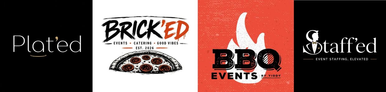 Four stylish logos for food and event services, featuring Plated, Brick'ed, BBQ Events, and Staff'ed.