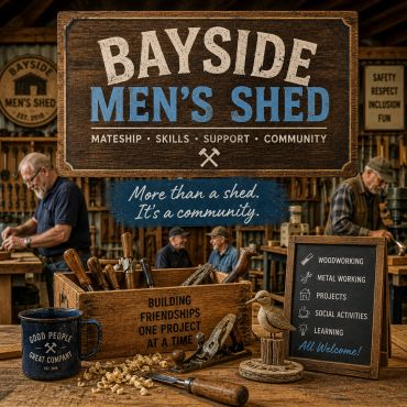 Bayside Men's Shed community workspace with woodworking tools and members.