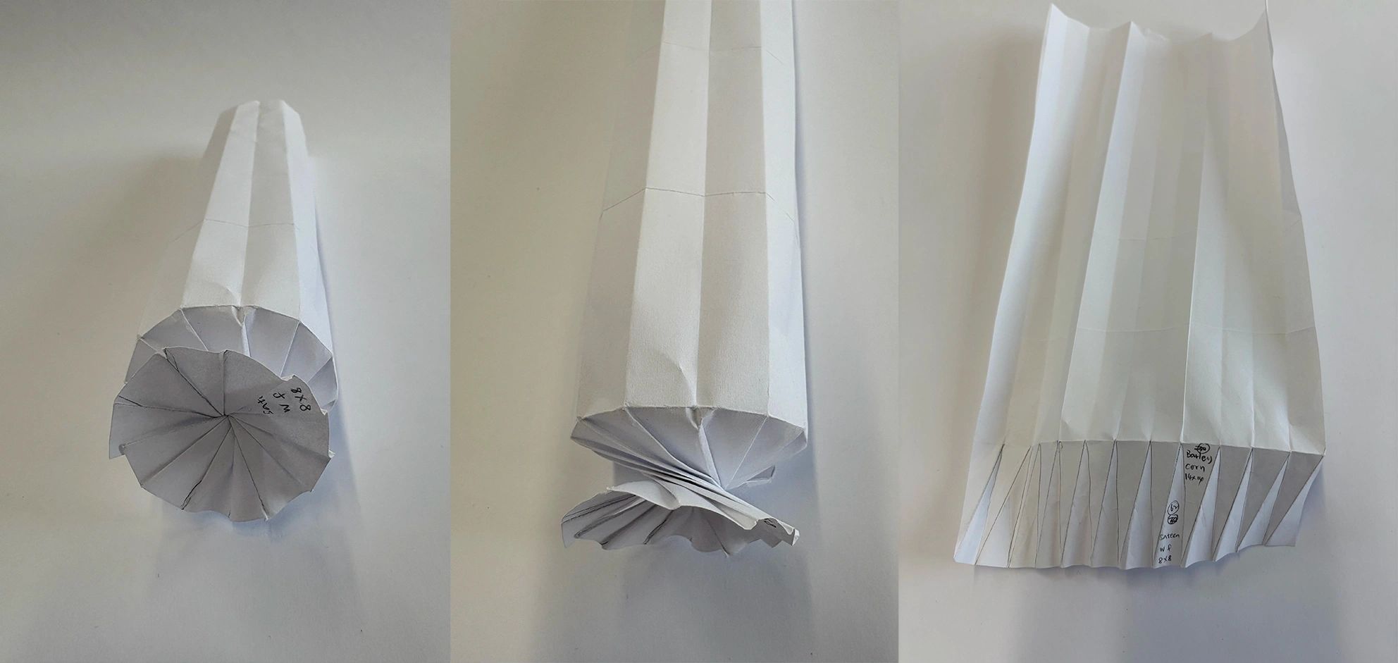 Three views of a folded paper cone with creased and labeled segments.