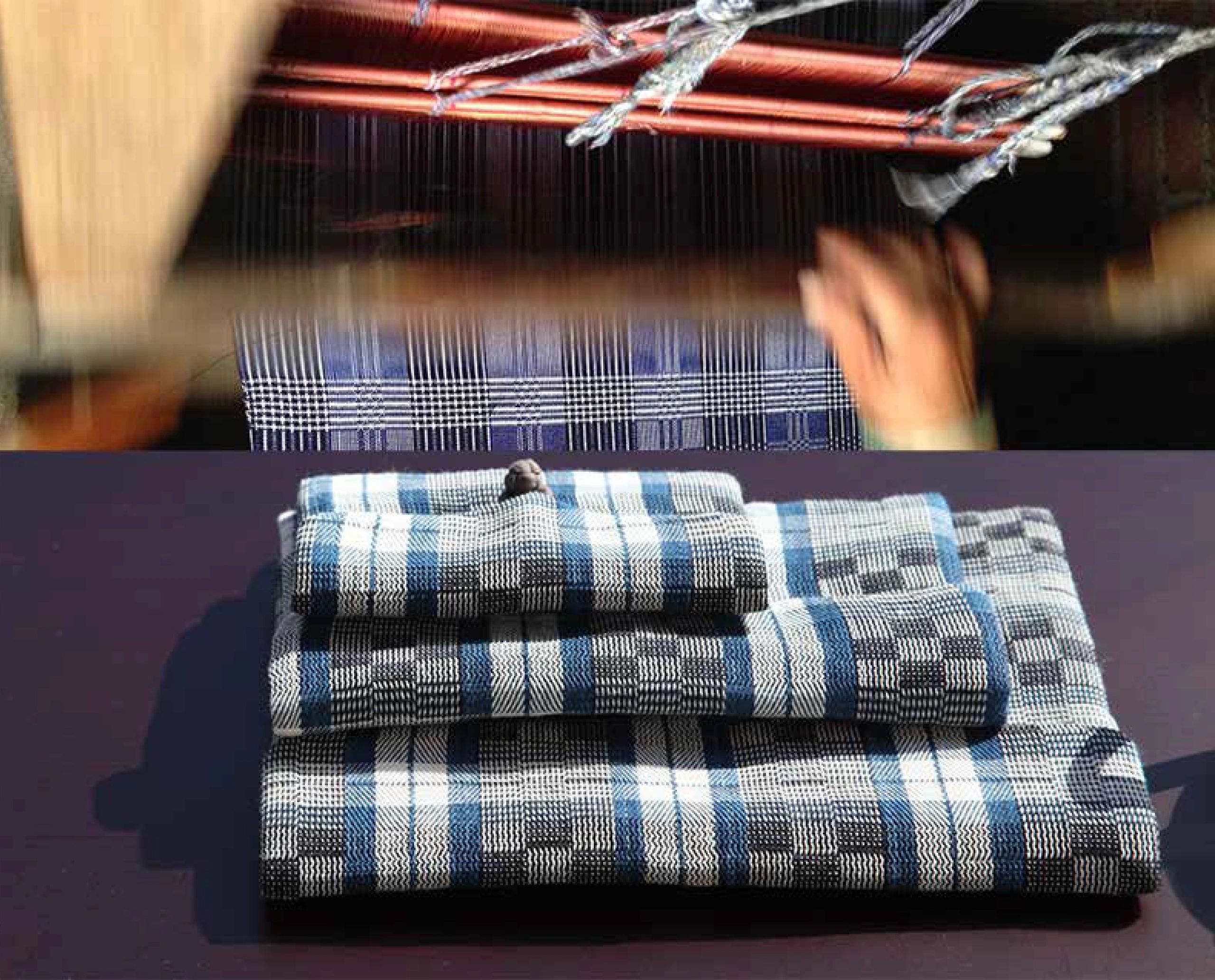 Hand weaving blue and white checked fabric on a traditional loom.