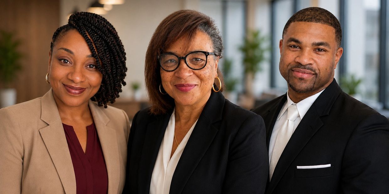 Three professionally dressed individuals smiling in an office setting.