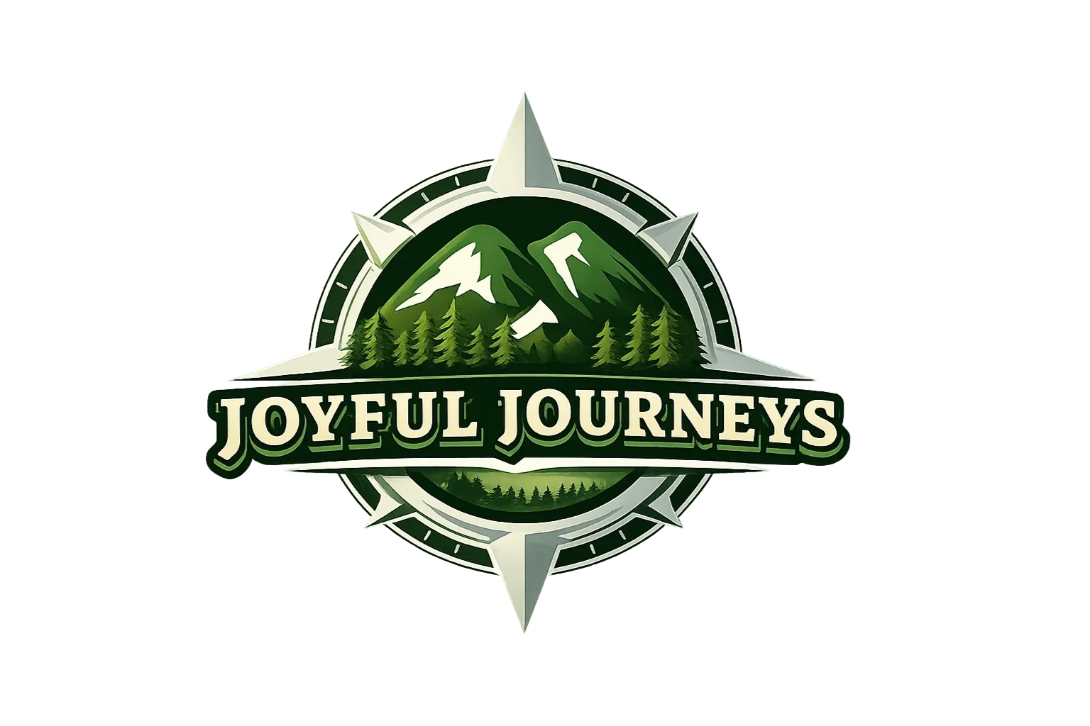 Logo of Joyful Journeys with mountains and a compass design.