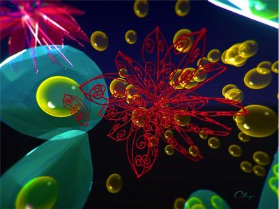 Filigree Fiore - VR Wall Art by Colleen Flanigan. Red black green and yellow. Created in Google Tilt