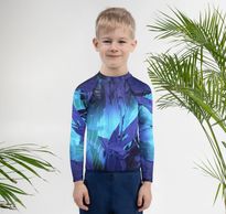 Children's ocean theme rash guard | little boy wearing purple blue sea urchin rash guard 