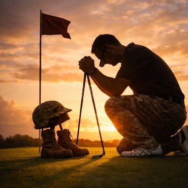 A soldier kneels in reflection beside military boots and helmet on a golf course at sunset.