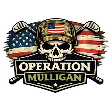 Skull with a military cap and golf clubs, titled 'Operation Mulligan' with an American flag background.