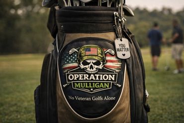 Close-up of a golf bag with an Operation Mulligan patch and a 'You Matter' tag.