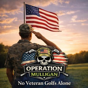Veteran saluting the American flag with Operation Mulligan logo and slogan.