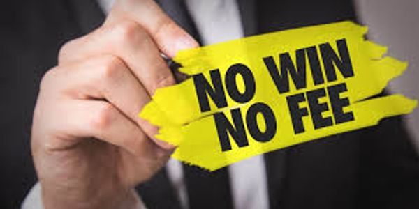 Hand holding a yellow sign reading 'NO WIN NO FEE'.