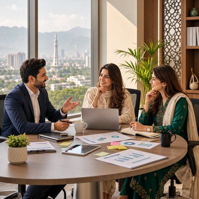 Three professionals discussing work around a table in a modern office.