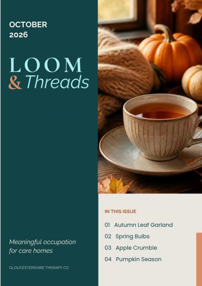 Cover of Loom & Threads, October 2026: a cup of tea, small pumpkins and a knitted blanket by a windo