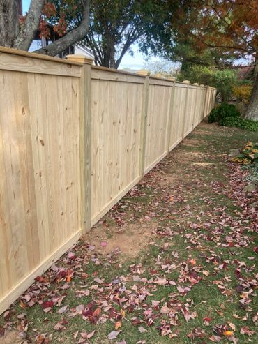 Long new wooden fence along a leafy yard in autumn.