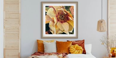 Cozy bedroom with flower painting.