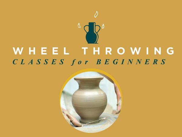 Pottery class for beginners. Students taking ceramics class throwing clay on a pottery wheel. 