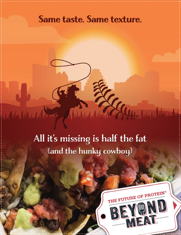 Poster for in-unit/ window display marketing Beyond Meat, suggesting zesty Texas flavor