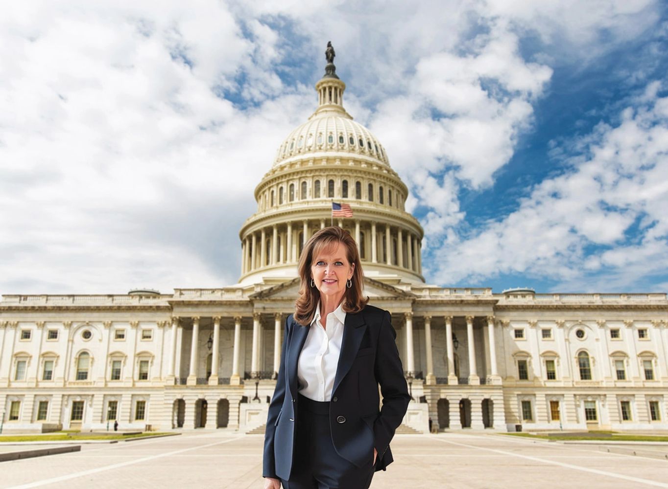 A professional woman in a suit stands confidently in front of the U.S. Capitol building.