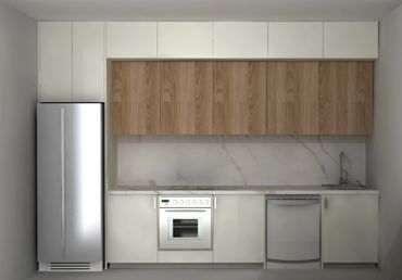 Modern kitchen with wood and white cabinetry, stainless steel appliances, and marble backsplash.