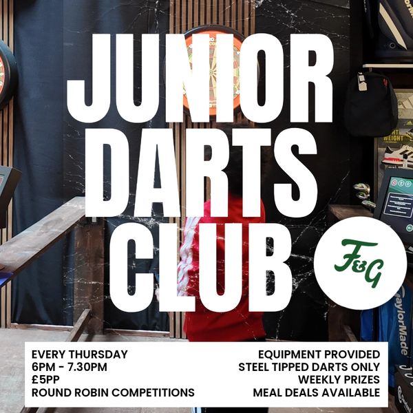 Poster for Junior Darts Club with event details and equipment info.