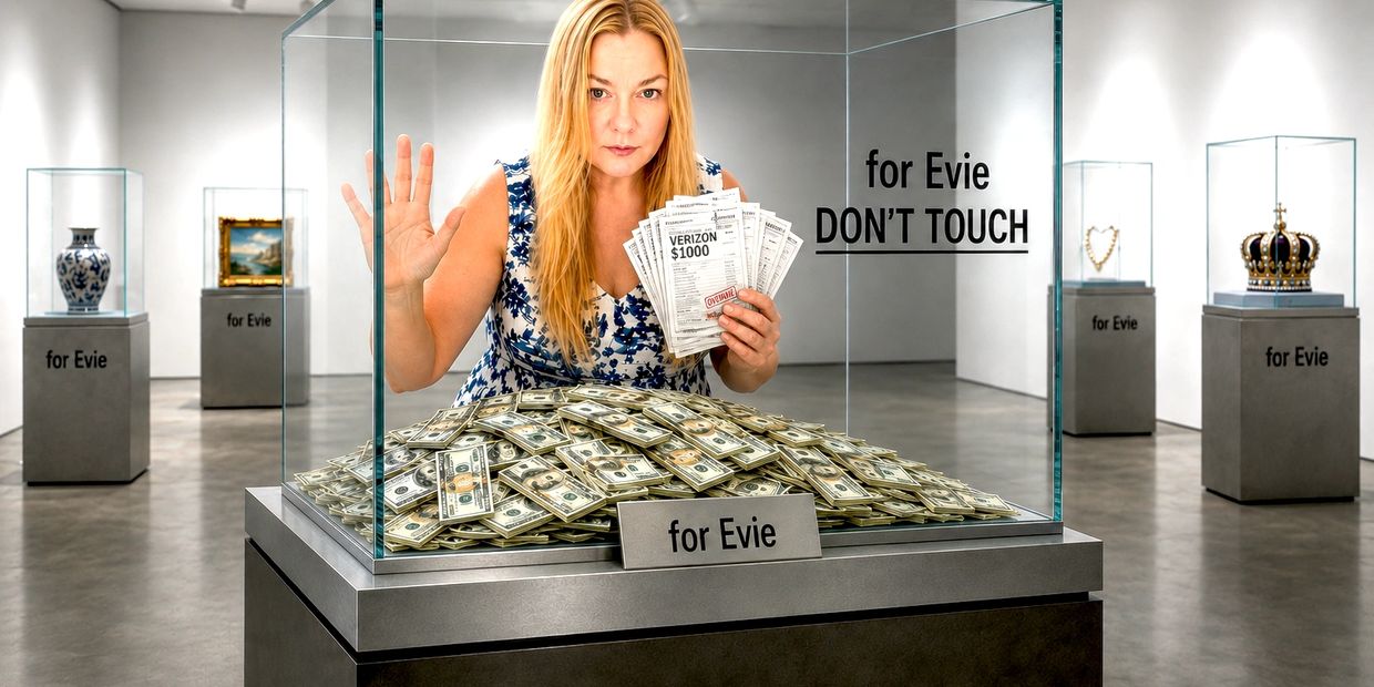 Woman behind glass with money and "DON'T TOUCH" sign.