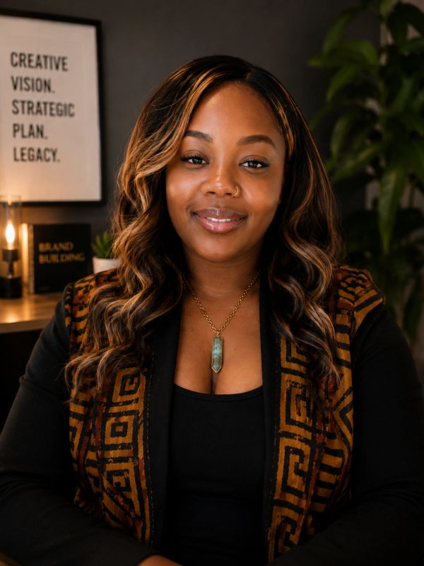Confident woman with styled hair and patterned vest in a creative workspace.