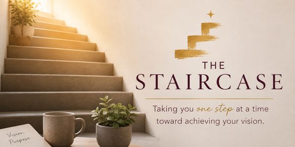 A staircase with a motivational quote about achieving vision step by step.