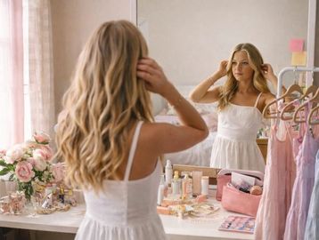 A woman admires her reflection in a vanity mirror surrounded by beauty products and dresses.