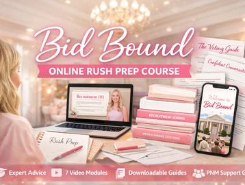 Online rush prep course for sorority recruitment with expert advice and video modules.