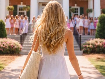 Woman in white dress walking toward a crowd on steps.