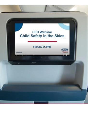 An airplane seat back video monitor showing a program titled CEU Webinar, Child Safety in the Skies.