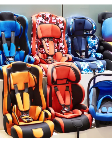 This shows several brightly coloured child restraint devices in alignment.