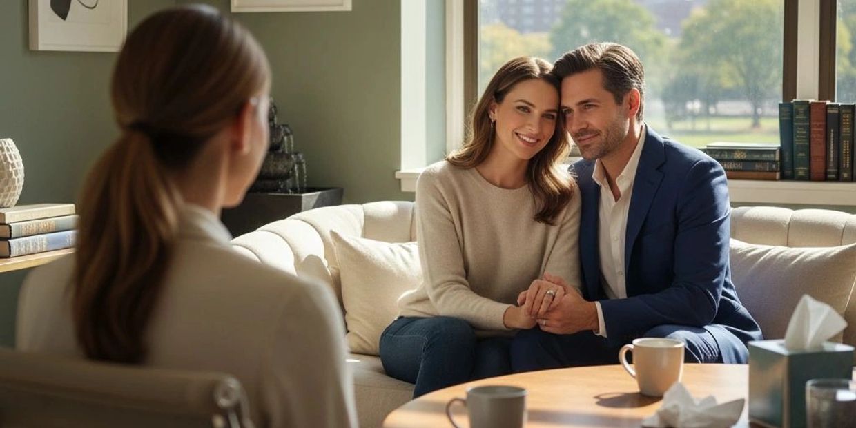 A couple holding hands and smiling during a counseling session.
