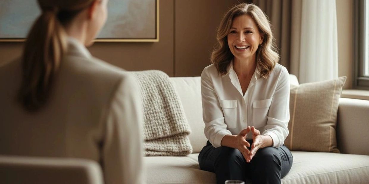 Two women engaged in a friendly conversation on a sofa in a cozy room.